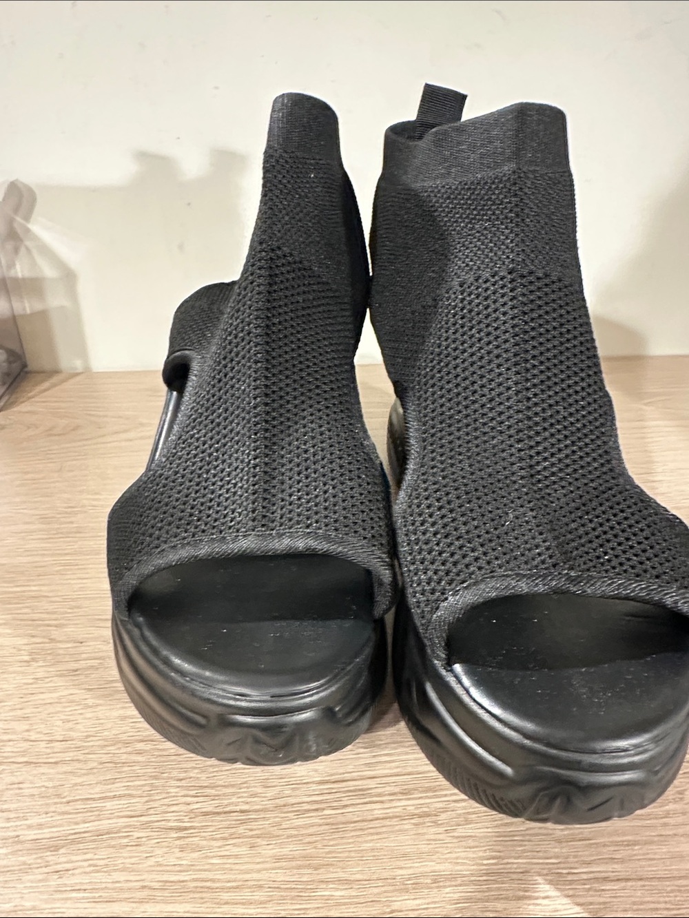 Women’s Black Knit Peep-Toe Platform Sandals